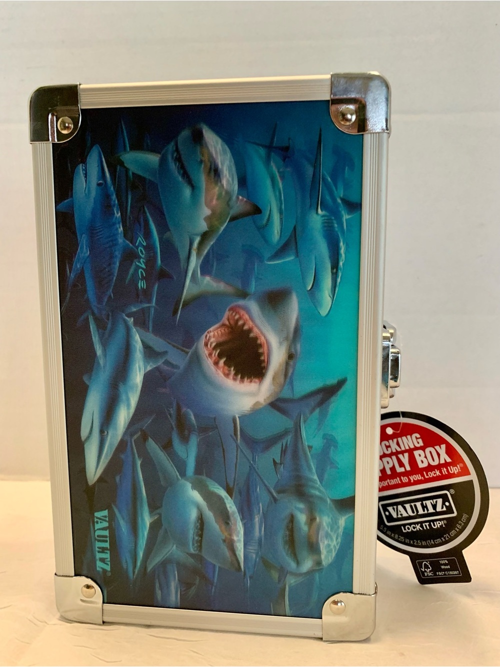 Vaultz Metal Pencil Box w/Sturdy Key Lock Exterior  3D Sharks
